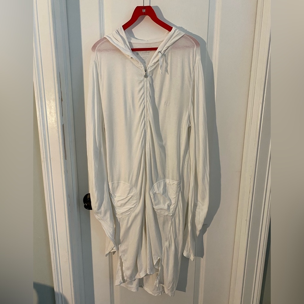 Coolibar White Hooded Zip SPF Long Line Swim Cover